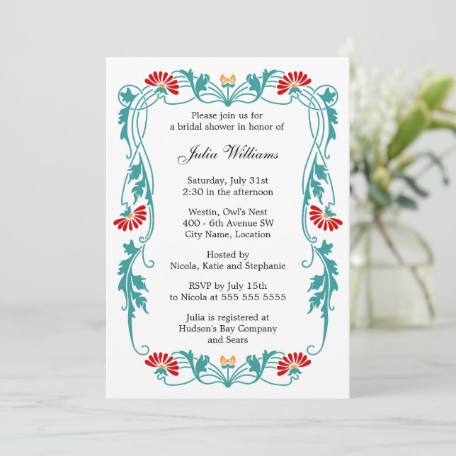 Elegant Leaf Floral & Swirls Bridal Shower Invitation (Standing Front)