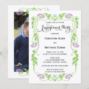 Elegant Leaf Floral Swirls Photo Engagement Party Invitation