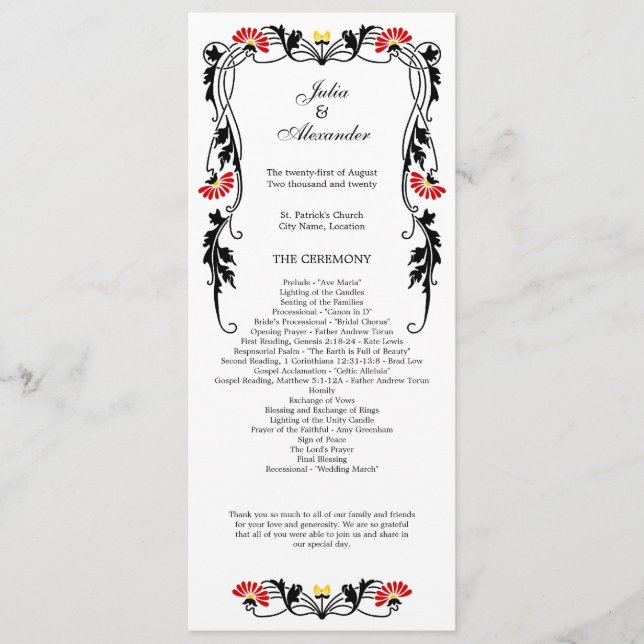 Elegant Leaf Florals and Swirls Wedding Program (Front)