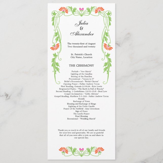 Elegant Leaf Florals and Swirls Wedding Program (Front)