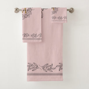 Elegant Leaf illustration Floral Monogram Pink Bath Towel Set