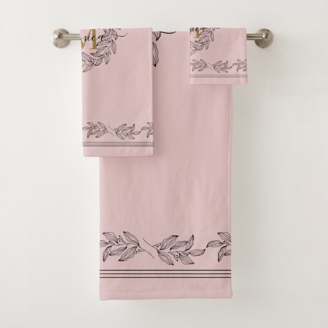 Elegant Leaf illustration Floral Monogram Pink Bath Towel Set (Insitu)
