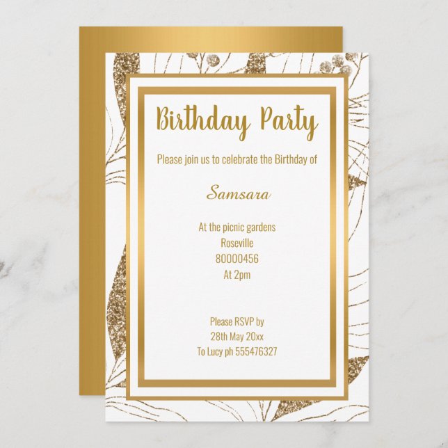 ELEGANT LEAF LAYER GOLD ALL OCCASION BIRTHDAY  INVITATION (Front/Back)