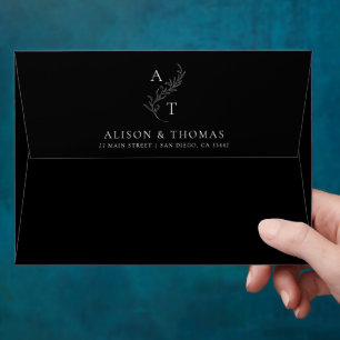 Elegant Leaf Monogram Crest Black White Wedding Envelope