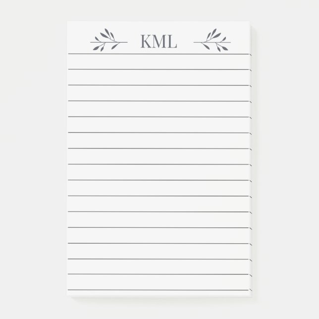Elegant Leaf Monogram Personalised Lined Post-it Notes (Front)