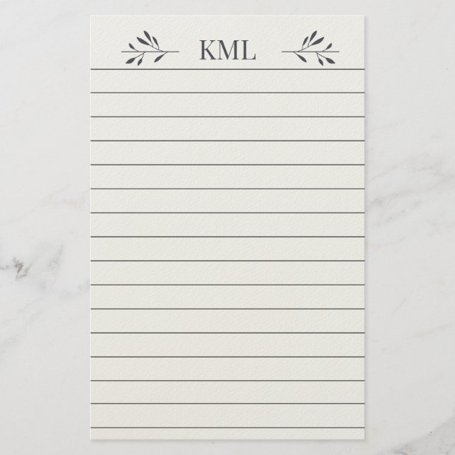 Elegant Leaf Monogram Personalized Lined Stationery (Front)