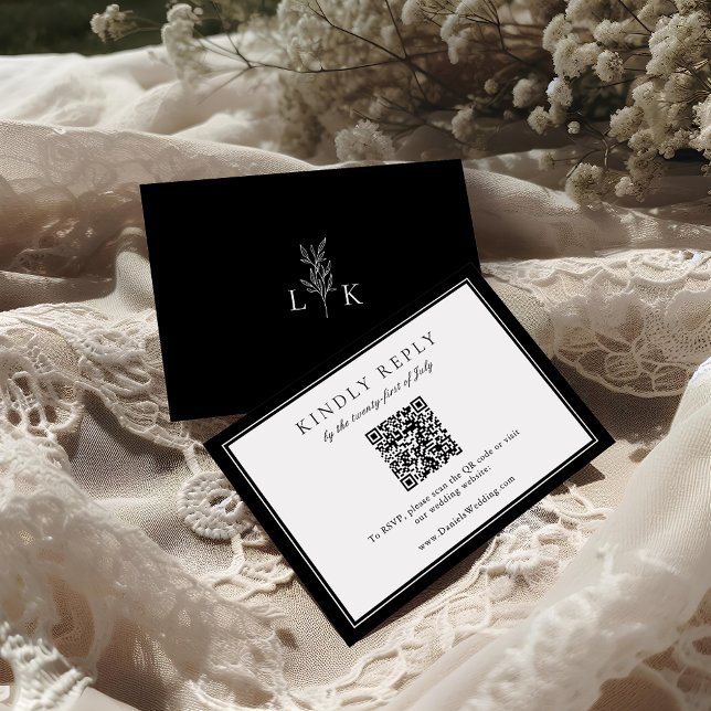 Elegant Leaf Monogram Wedding QR Code RSVP  Enclosure Card (Creator Uploaded)