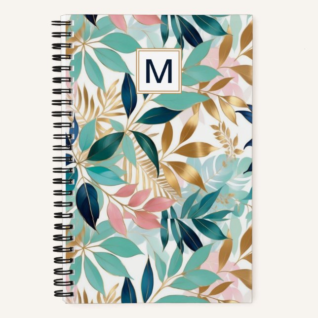 Elegant Leaf Pattern Pretty Monogrammed Notebook (Front)