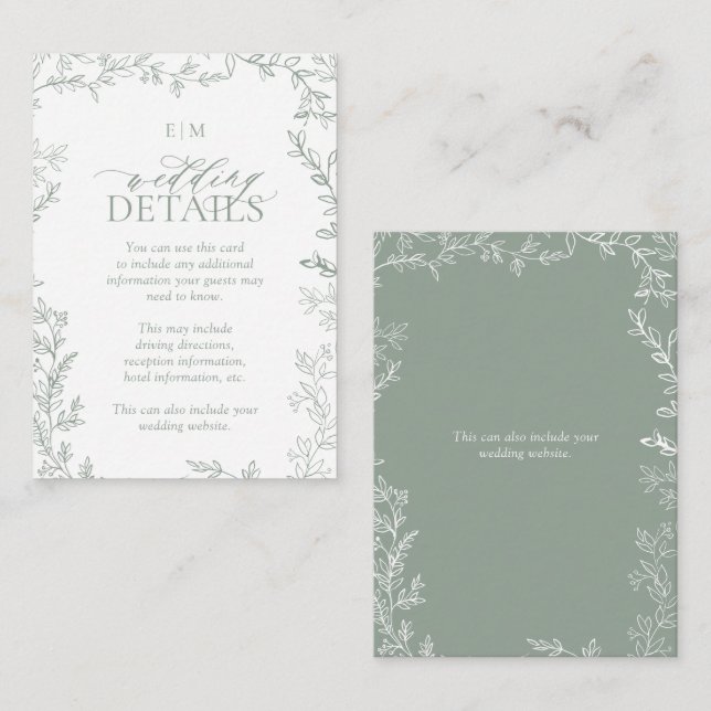 Elegant Leaf Sage Green Monogram Wedding Details Enclosure Card (Front/Back)