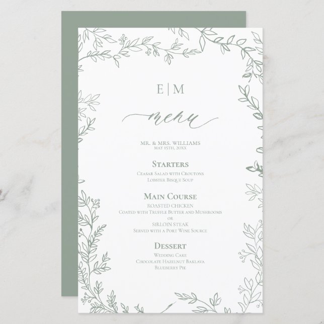 Elegant Leaf Sage Green Monogram Wedding Menu (Front/Back)