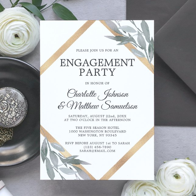 Elegant Leaf Sage Olive Gold ENGAGEMENT PARTY Invitation (Elegant Leaf Sage Olive Gold ENGAGEMENT PARTY Invitation)