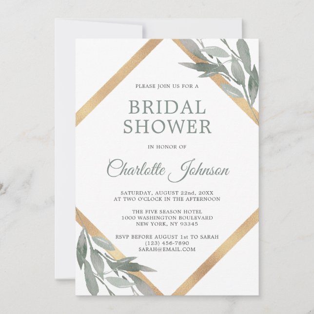 Elegant Leaf Sage Olive Gold Foil BRIDAL SHOWER Invitation (Front)