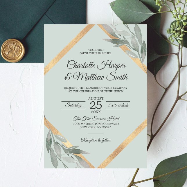 Elegant Leaf Silver Dusty Sage Gold Foil Wedding Invitation (Creator Uploaded)