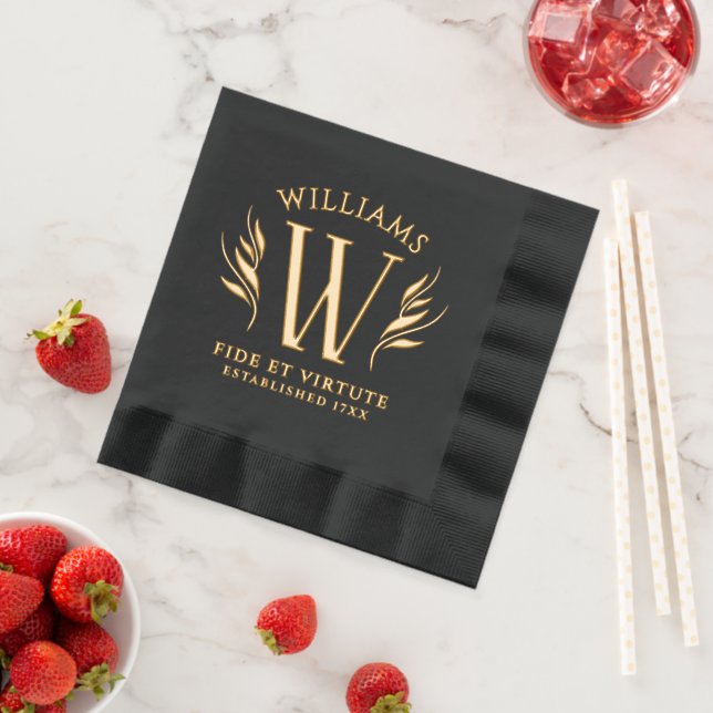 Elegant Leaf Surname Monogram Motto Foil Napkins (Insitu (Strawberry))