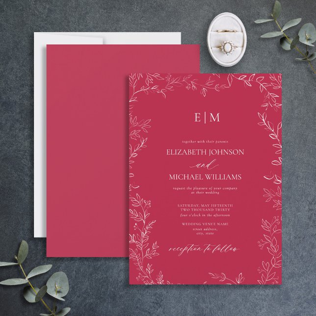 Elegant Leaf Vivid Magenta Monogram Wedding Invitation (Creator Uploaded)