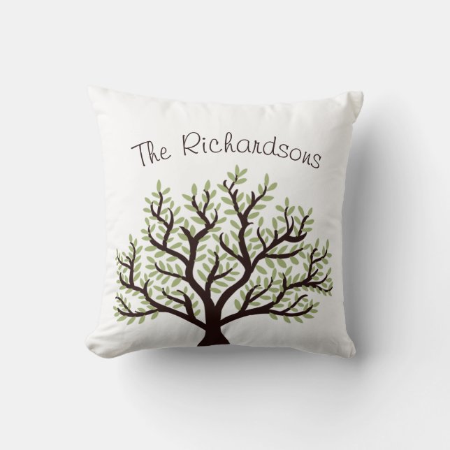 Elegant Leafy Green & White Last Name Family Tree Cushion (Front)
