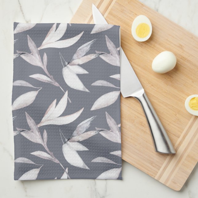 Elegant Leafy Grey Modern Botanical  Tea Towel (Quarter Fold)