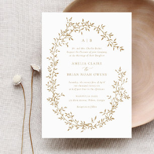 Elegant Leafy Wreath Gold Laurel Botanical Wedding Invitation