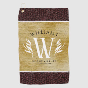 Elegant Leather Leaf & Vintage Paper Surname Motto Golf Towel