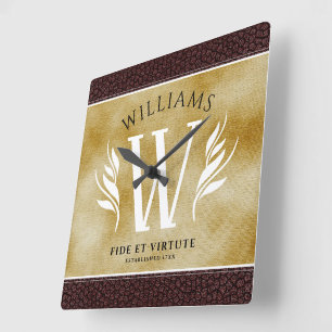 Elegant Leather Leaf & Vintage Paper Surname Motto Square Wall Clock