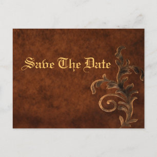 Elegant Leather Scroll Leaf Save The Date Card