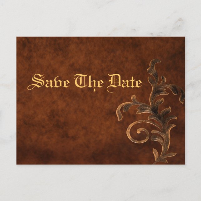 Elegant Leather Scroll Leaf Save The Date Card (Front)