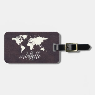 Elegant Leather Travel World - Map Aeroplane Luggage Tag