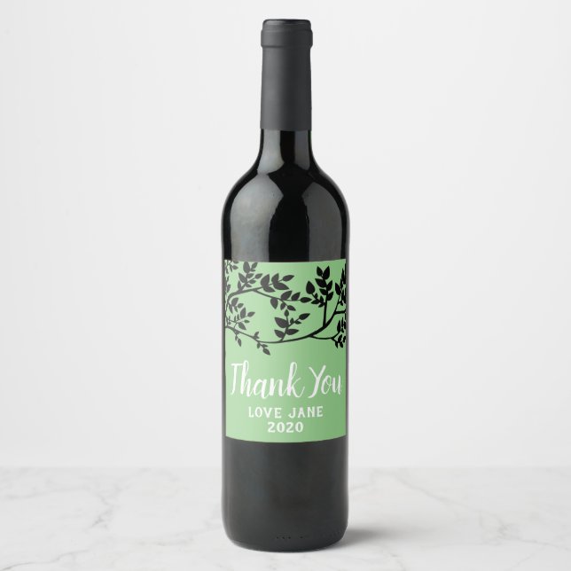 Elegant leaves eco modern thank you gift wine label (Front)