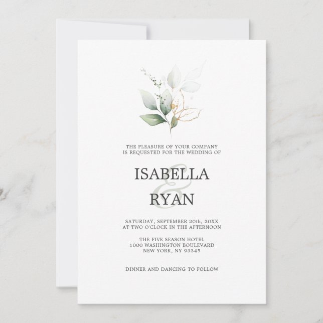 ELEGANT Leaves Foliage Gold Watercolor WEDDING Inv Invitation (Front)