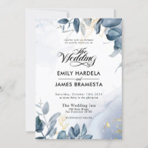 Elegant Leaves Gold Blue Watercolor Wedding