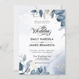 Elegant Leaves Gold Blue Watercolor Wedding  Invitation
