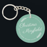 Elegant Leaves Green Personalised Name Business Key Ring<br><div class="desc">Stylish custom round sticker design for a small business owner features your first and last name in modern calligraphy script framed by a round wreath with rustic chic laurel leaves. Personalise the curved text with a business name or other preferred wording. Jade green and white colours can be modified.</div>