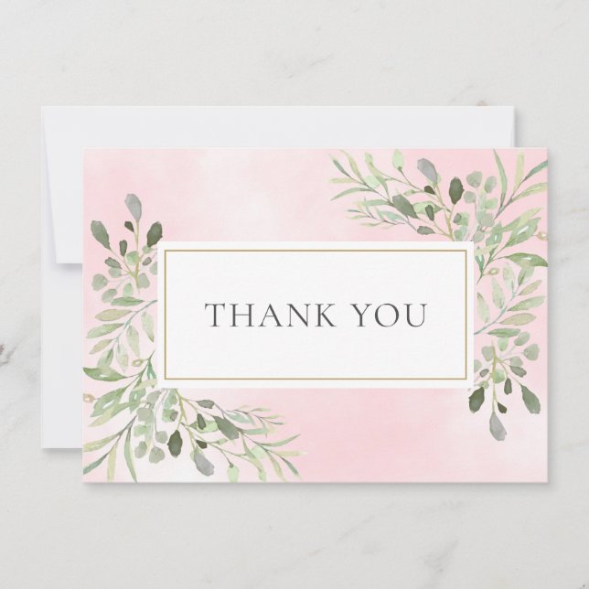 Elegant Leaves Greenery Pink Watercolor Thank You (Front)