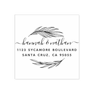 Elegant Leaves Minimalist Script Wedding Address Rubber Stamp