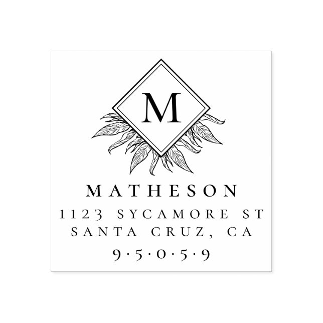 Elegant Leaves & Monogram Family Return Address Rubber Stamp (Imprint)