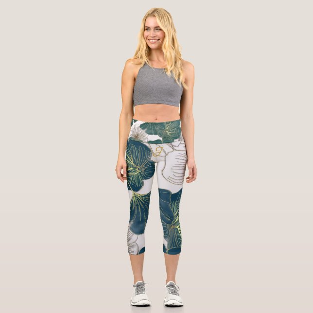 Elegant Leaves of Blue With Gold Lines Botanical Capri Leggings (Front)