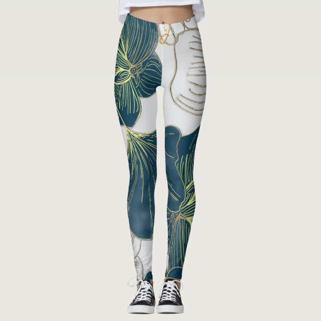 Elegant Leaves of Blue With Gold Lines Botanical Leggings (Front)