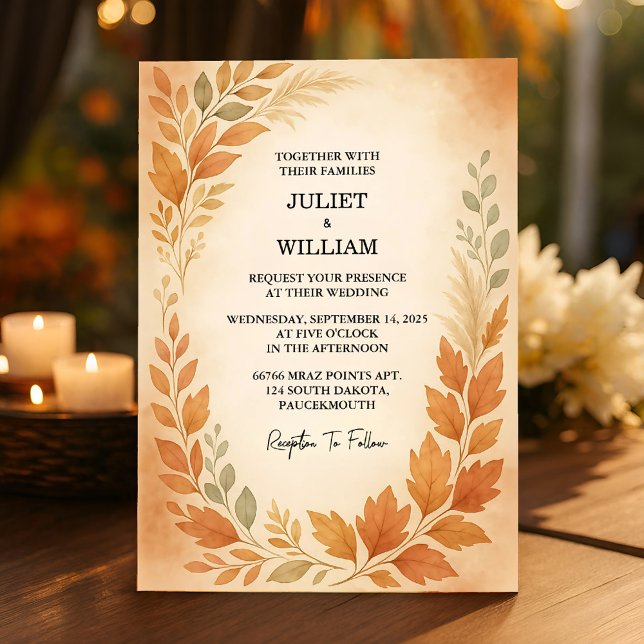 Elegant Leaves & Pampas Grass Autumn Fall Wedding Invitation (Creator Uploaded)