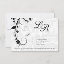 Elegant Leaves RSVP Wedding Reply Card Black White