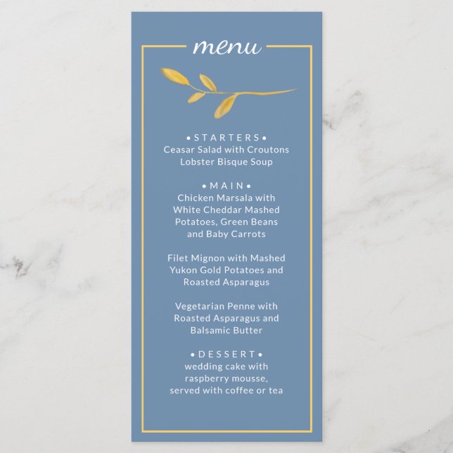 Elegant leaves. Simple classic Blue Wedding Menu (Front)