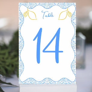 Elegant Lemon and Blue Tiles Mediterranean Wedding Table Number