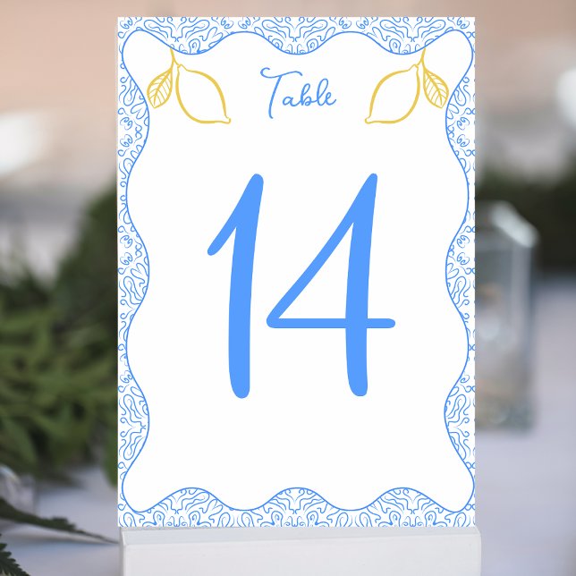 Elegant Lemon and Blue Tiles Mediterranean Wedding Table Number (Creator Uploaded)