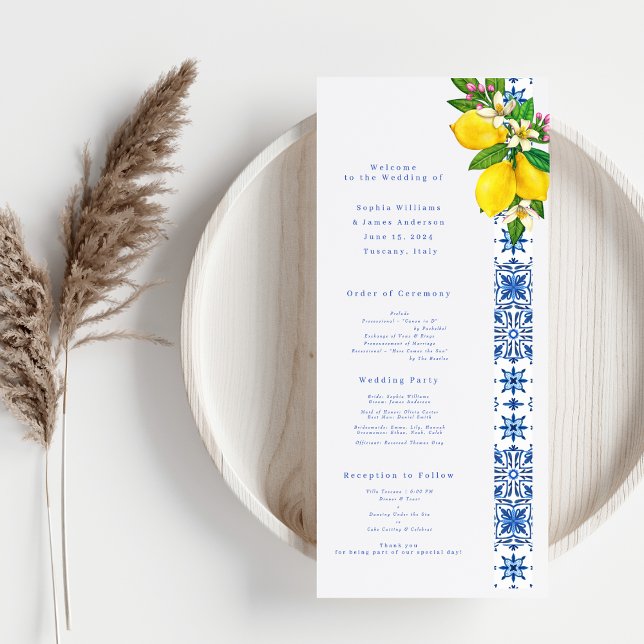 Elegant Lemon & Blue Mediterranean Wedding Program (Creator Uploaded)