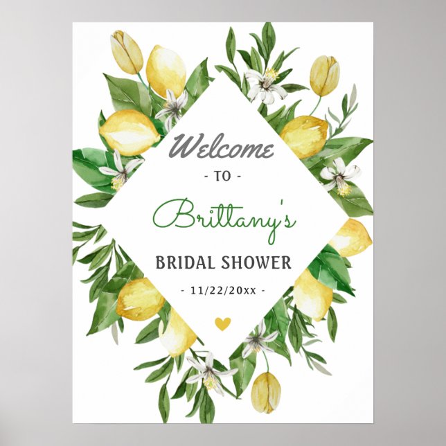 Elegant Lemon Citrus Bridal Shower Welcome Sign (Front)