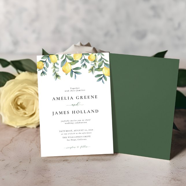 Elegant Lemon Citrus Watercolor Wedding Invitation (Botanical Lemon Citrus Wedding invitation shown with green back file)