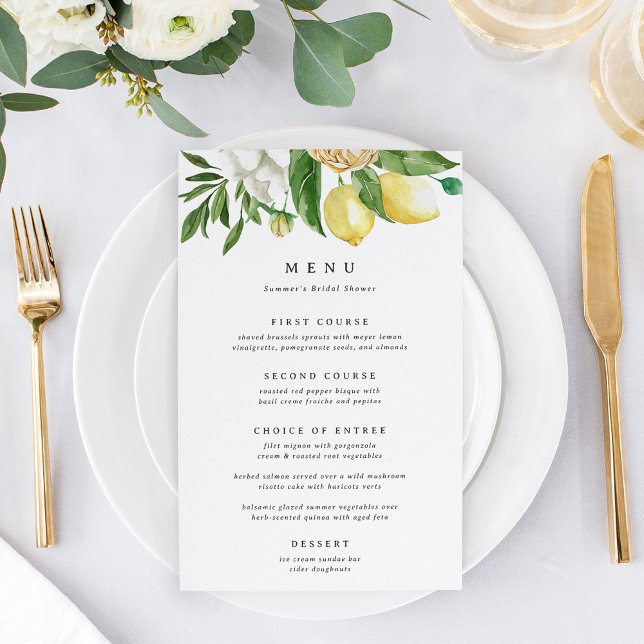 Elegant Lemon Floral Bridal Shower or Wedding Menu (Creator Uploaded)