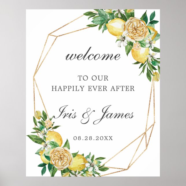 Elegant Lemon Floral Geometric Wedding Welcome Poster (Front)