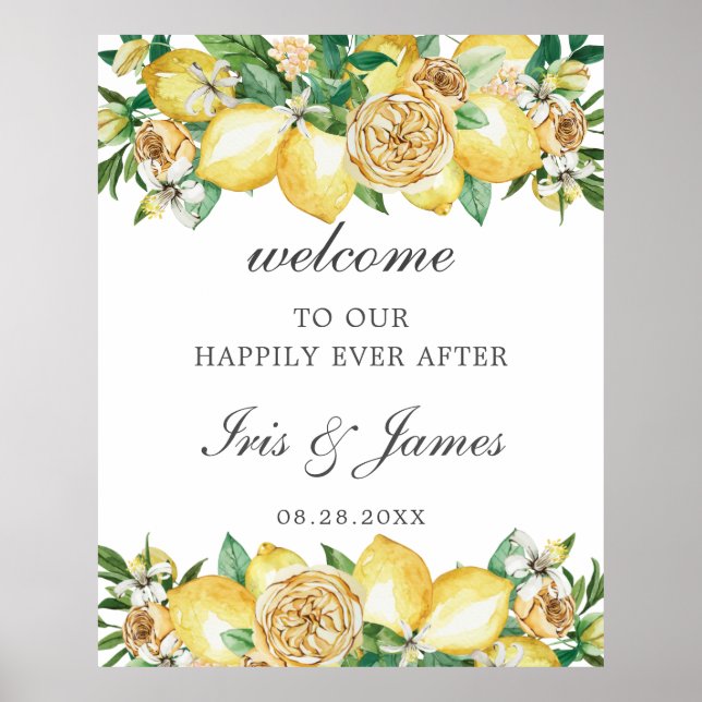 Elegant Lemon Floral Greenery Wedding Welcome Poster (Front)