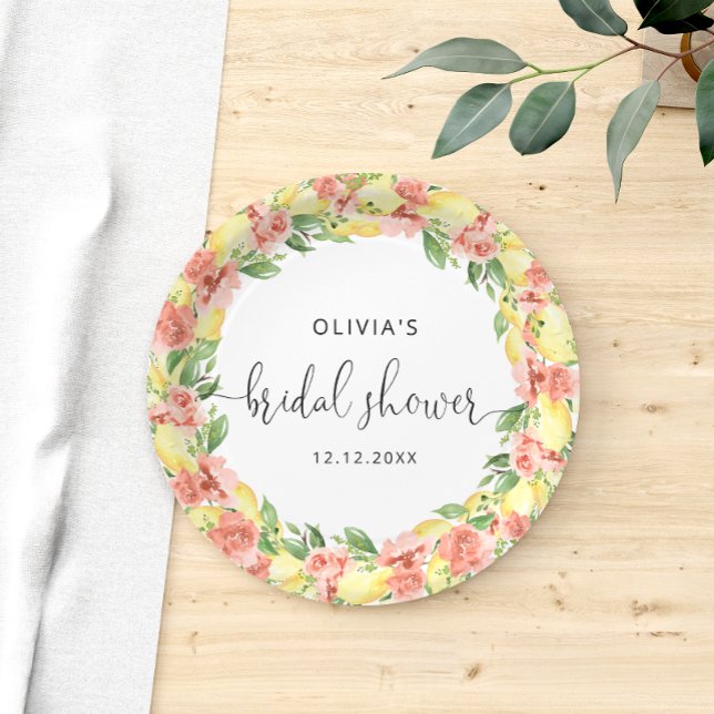 Elegant Lemon Flowers Bridal Shower Paper Paper Plate (Creator Uploaded)