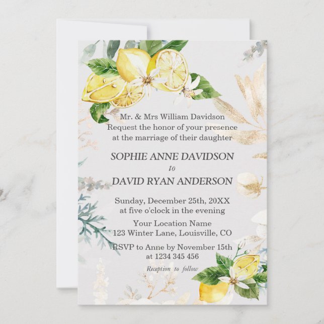 Elegant Lemon Fruits White Floral Wedding Formal Invitation (Front)